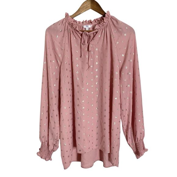 Time & Tru Top Shirt Blouse Womens XL 16 18 Pink Gold Long Sleeve - Picture 1 of 9